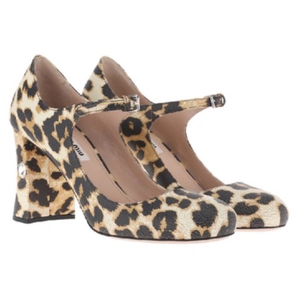 Miu Miu Animal leopard  Print Crystal Heel Mary Jane Pumps
